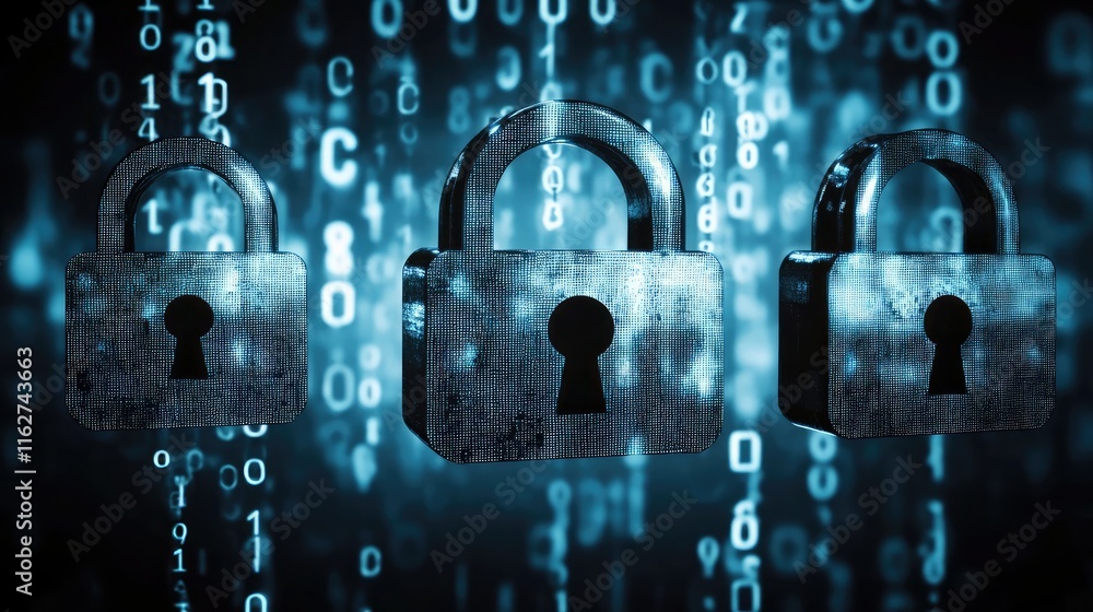 Poster cybersecurity system visuals with virtual padlocks and data protection icons
