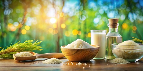 Natural Rice Water Composition with Grains and Bath Supplies on Colorful Background for Relaxation and Wellness Imagery