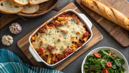 Warm family-style baked pasta dish served with fresh salad and bread in a cozy home setting