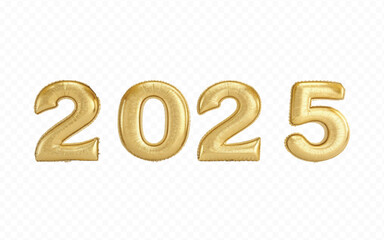 abstract 3d 2025 text  made with different golden colour hellium balloons isolated on white background