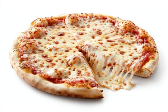 A playful depiction of a slice of pizza with exaggerated toppings and melted cheese on a white background