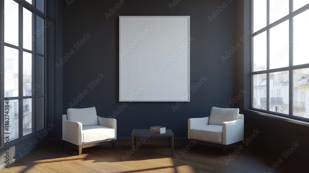 Poster A minimalist interior with two chairs and a blank canvas, creating a calm atmosphere.