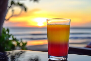 A sunset glass of orange-pineapple juice, layered colors, on a seaside table with a sunset view.