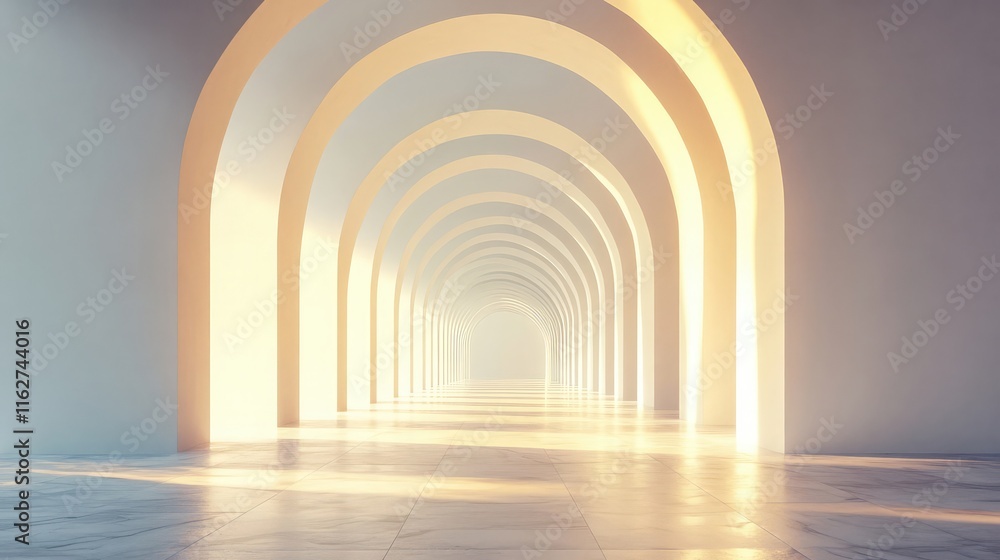 Poster architectural corridor with geometric archways and soft light, 3d render