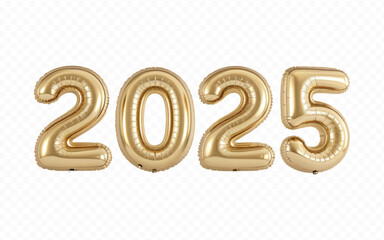 abstract 3d 2025 text  made with different golden colour hellium balloons isolated on white background