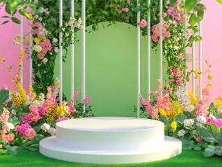 Image shows a staged wedding archway with white vertical posts, green foliage, and colorful flowers The scene suggests an indoor setting under soft lighting Artificial grass cove - Generative AI