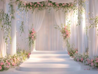 Fototapeta premium A romantic wedding aisle setting with a white carpet runner, flanked by lush greenery and pink roses The altar at the end is adorned with pink flowers Soft lighting creates an in - Generative AI