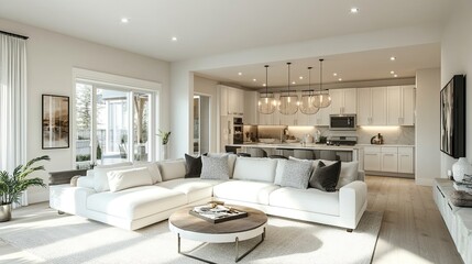 Fototapeta premium Bright living room with a white sofa. 