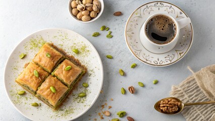 Delightful baklava paired with a rich cup of coffee on a serene afternoon