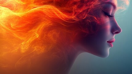Profile of a woman with fiery red and orange hair