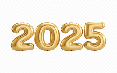 abstract 3d 2025 text  made with different golden colour hellium balloons isolated on white background