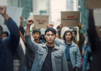 Obraz premium Group of asian people protesting in the street, holding placards and raising fists up. Immigrants riot against inequality and strict laws for refugees