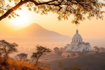Obraz premium A scenic view of the Basilica of Our Lady of Peace in Yamoussoukro, with its grand dome reflecting the sunlight