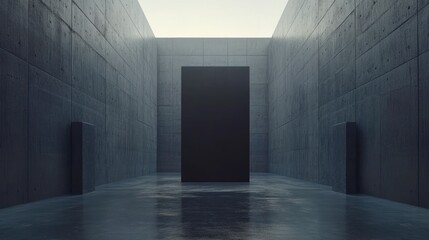 A minimalist space featuring a large black monolith surrounded by concrete walls.