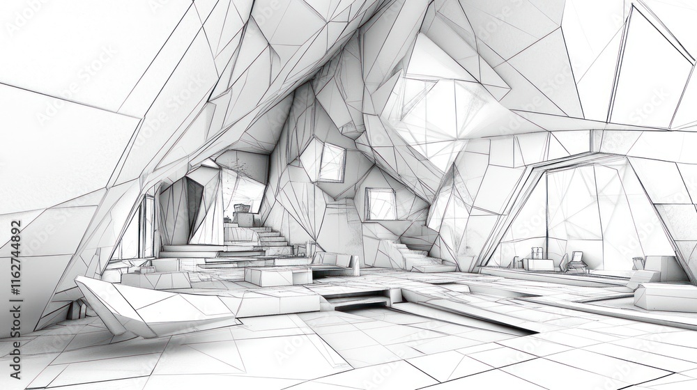Aufkleber a minimalist, geometric interior design showcasing angular shapes and a monochromatic palette.