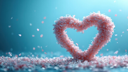 Fototapeta premium heart shape made of pink petals with matching confetti on blue background