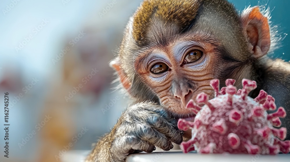 Poster a contemplative monkey observes a model of a virus, symbolizing the intersection of wildlife and hea