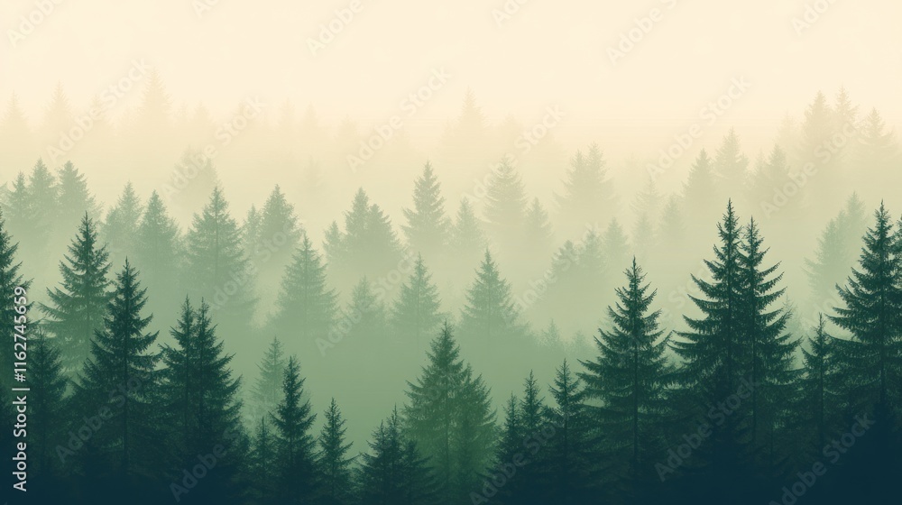 Poster A misty forest landscape with layers of evergreen trees in soft hues.