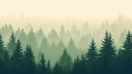 Fototapeta premium A misty forest landscape with layers of evergreen trees in soft hues.