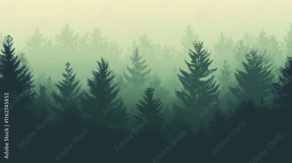 Poster A misty forest scene with layered trees creating a serene, atmospheric landscape.