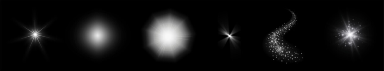 Light effect set. Glow isolated white transparent light effect set, lens flare, explosion, glitter, dust, line, sun flash, spark and stars, spotlight, curve twirl. Sunlight, abstract special effect. 