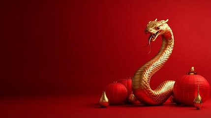 Golden snake paired with traditional Chinese red and gold aesthetics