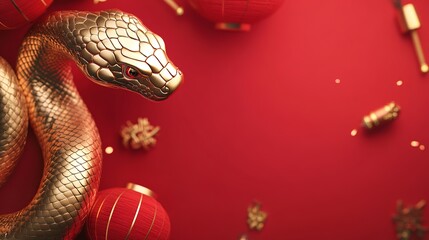 Golden snake on red background symbolizing Chinese New Year prosperity