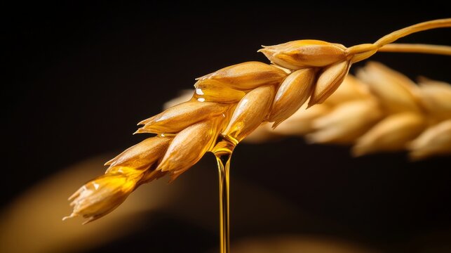 A close-up view of a wheat ear highlighted against a dark background, showcasing golden grains and oil droplets for a visual representation of natural agriculture and food production