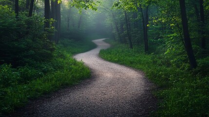 Fototapeta premium A serene winding path meanders through a misty forest, enveloped by vibrant greenery. The soft morning light filters through the trees, creating a tranquil atmosphere perfect for reflection