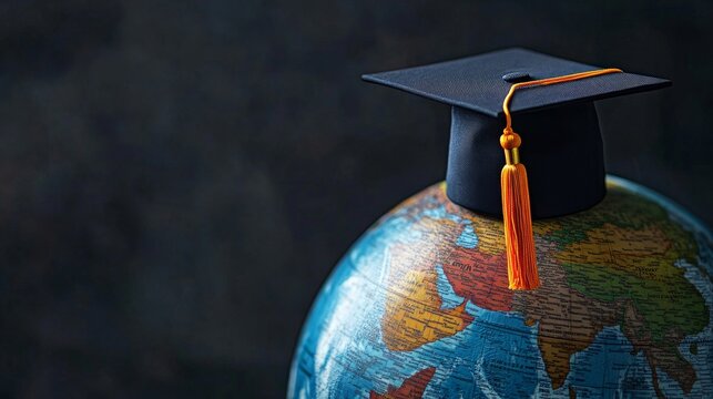 A graduation cap with an orange tassel sits atop a colorful globe, representing knowledge and global education possibilities. This image conveys the achievement and aspirations of students
