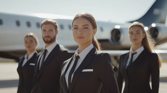A team of four flight crew members dressed in formal attire stands in a row, showcasing confidence and professionalism while a private jet awaits behind them at an airport on a clear day - Powered by Adobe