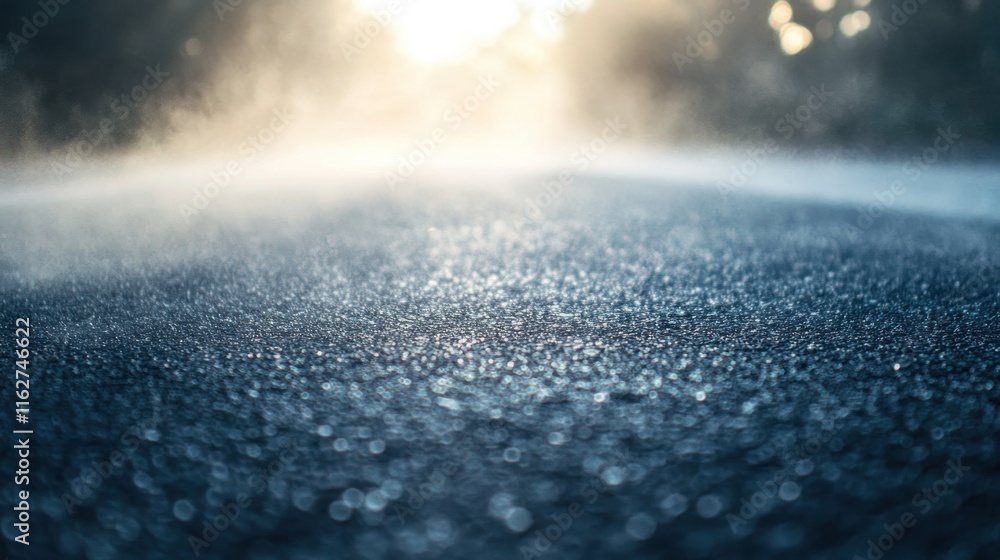 Poster a misty road surface reflecting light, creating a serene and atmospheric scene.