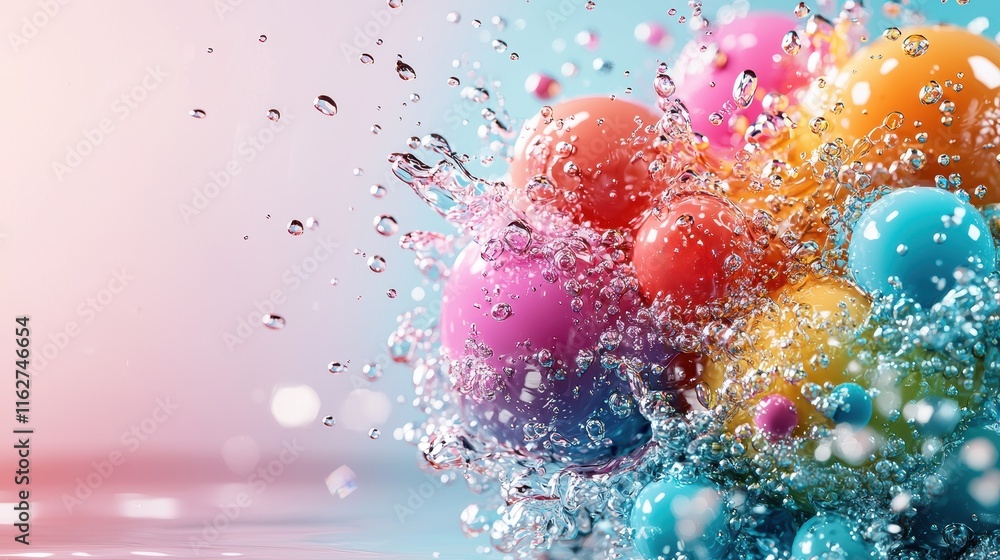 Poster a vibrant splash of colorful spheres surrounded by water droplets, creating a dynamic and playful vi