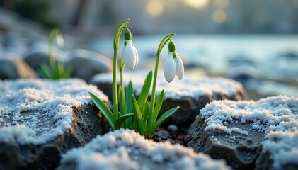 Snowdrops growing through cracks in lake shore stone, flowers, frost, lake