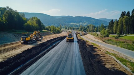 Heavy machinery operates on a highway construction site where workers are laying asphalt. Lush mountains are visible in the background, showcasing a serene environment