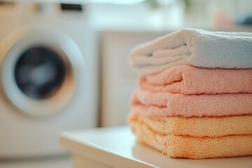 Soft, folded towels resting on washing machine, adding warmth and comfort to clean laundry space