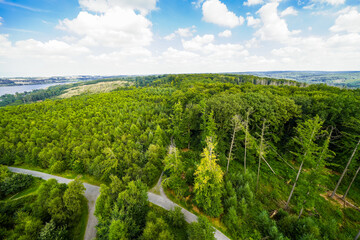 Fototapeta premium View from the observation tower at Möhnesee of the surrounding green landscape. Nature at Möhnesee. 