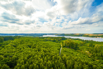 View from the observation tower at Möhnesee of the surrounding green landscape. Nature at...