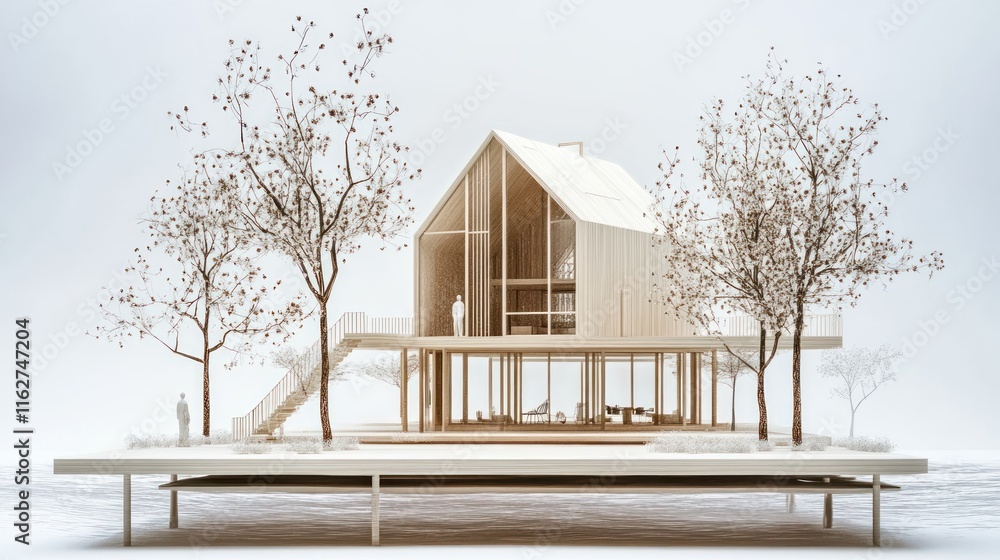 Aufkleber a modern architectural model of a house surrounded by trees and figures.