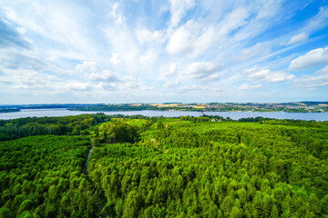 View from the observation tower at Möhnesee of the surrounding green landscape. Nature at Möhnesee.
