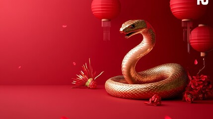Golden snake with red background for the Year of the Snake