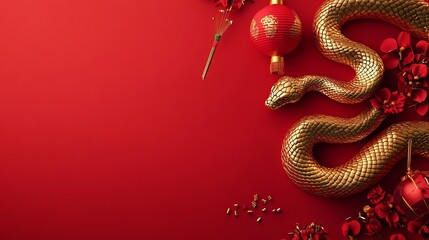 Golden snake surrounded by red flowers and traditional decorations