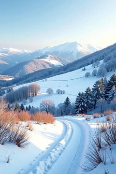The rolling hills of Galashiels are covered in a blanket of fresh snow on a crisp winter morning, winter scene, landscape, hill