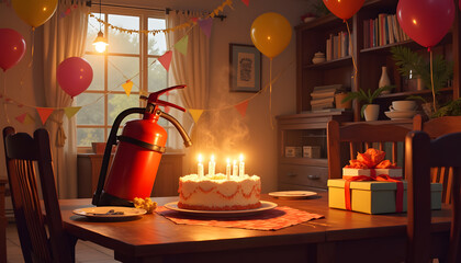 Fire extinguisher birthday celebration in a cozy indoor setting with decorations and streamers