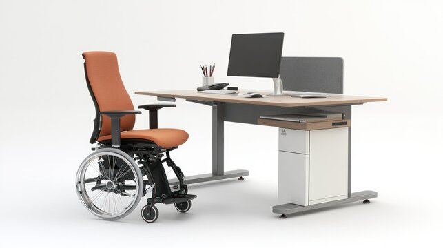 A modern office setup featuring a desk, computer, and a wheelchair for accessibility.