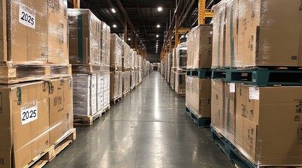 Cardboard "2025" displayed in a distribution warehouse