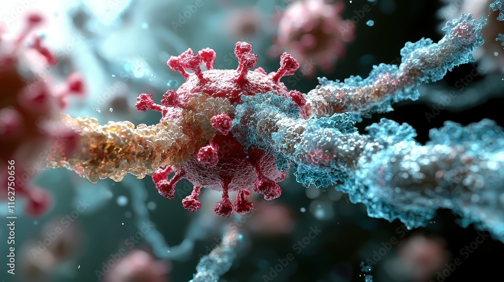 Poster a detailed, microscopic view of a virus, showcasing its structure with colorful spikes and surroundi