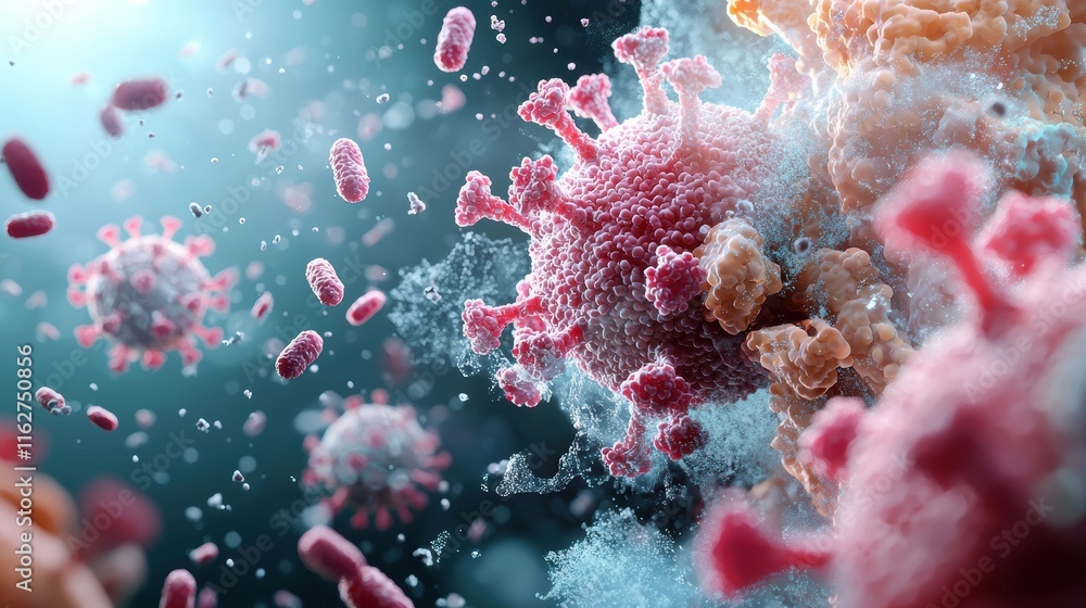 Poster a vivid microscopic view of viruses, showcasing their intricate structures and vibrant colors in an 