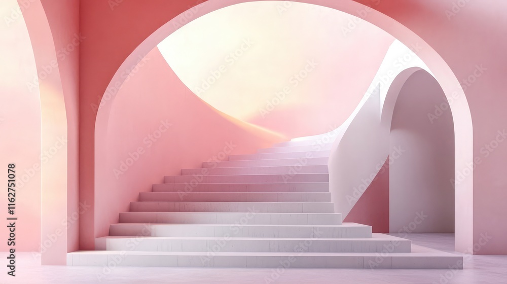 Wall mural Abstract staircase interior with arches and soft color gradients, 3D render