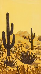 Desert Landscape With Saguaro Cacti And Desert Plants